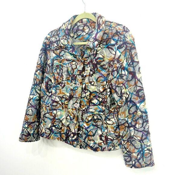 KakTus Gray Colorful All Over Yarn Embellished Button Front Blazer Jacket - Picture 5 of 16